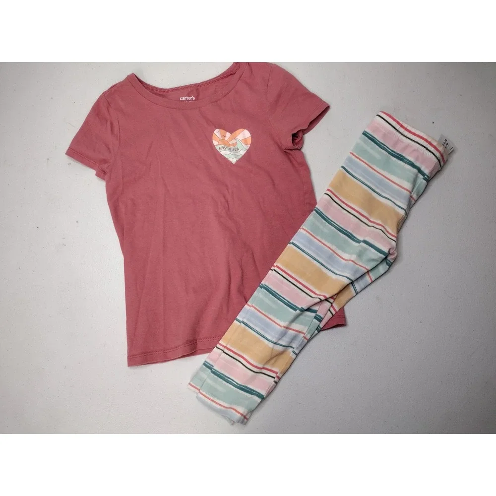 Carters Kid Girls Rose Pink Surf & Sun Graphic Tee and Striped Crop Leggings Set